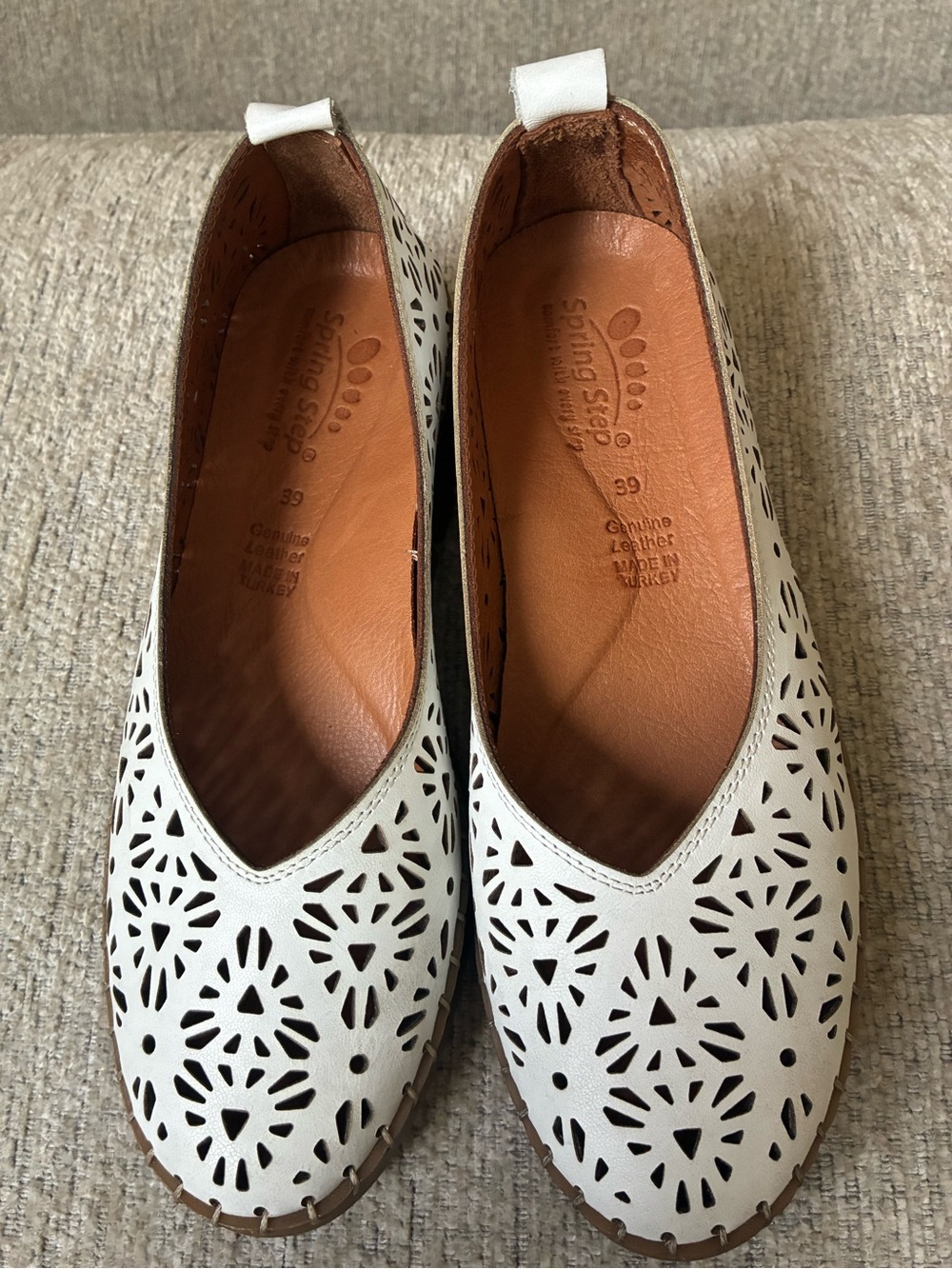Spring Step White Laser-Cut Leather Slip-On Flats